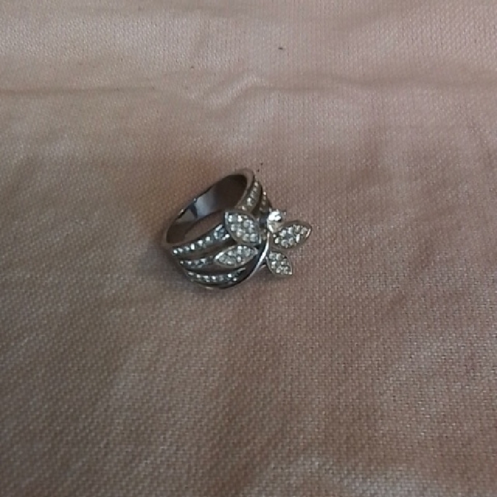 Crystal Flower Statement Ring - Silver Tone - image 1